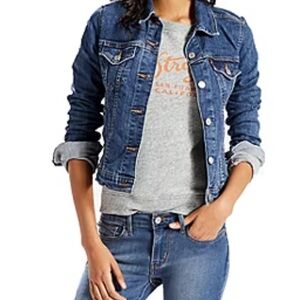 Levi Signature Trucker Style Cropped distressed Blue Denim Button Jacket - sz S